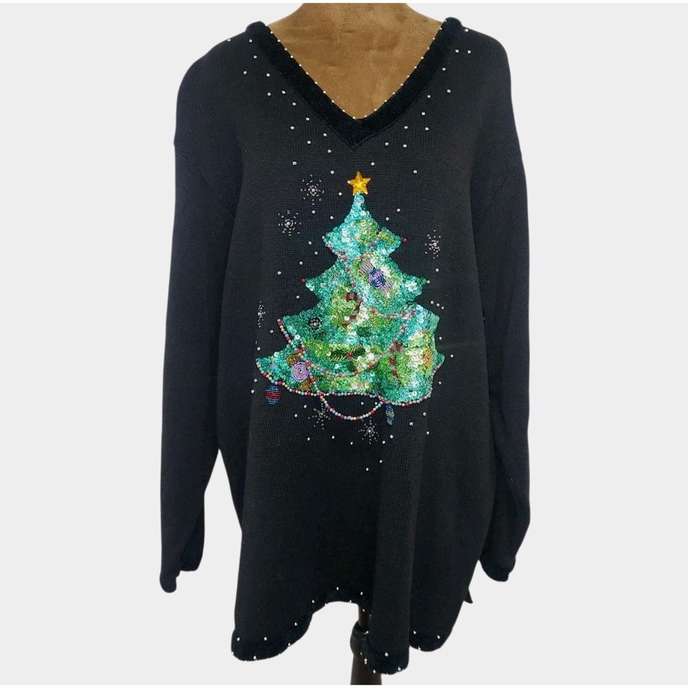 The Quacker Factory Sweater Size 2X Christmas Tree Sequin Beaded Vintage Holiday